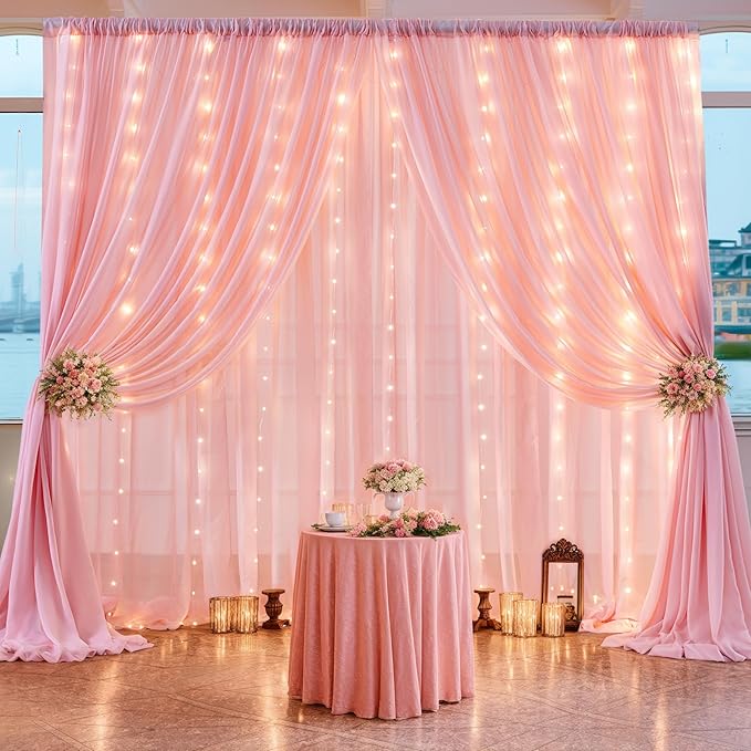 10ft x 10ft Baby Pink Backdrop Curtain with Lights String for Parties,2 Panels Sheer Tulle Curtain Wedding Photo Backdrop with Lights for Baby Shower Birthday Party Ceremony Home Decorations