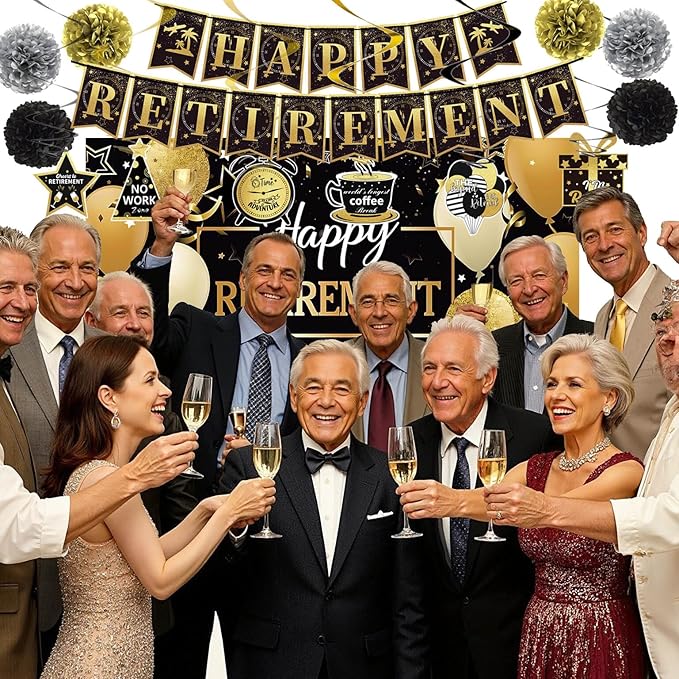 Retirement Party Decorations Includes Banner, Backdrop, Cake Topper, Hanging Swirls, Tablecloth, Honeycomb Centerpiece for Happy Retirement Decorations