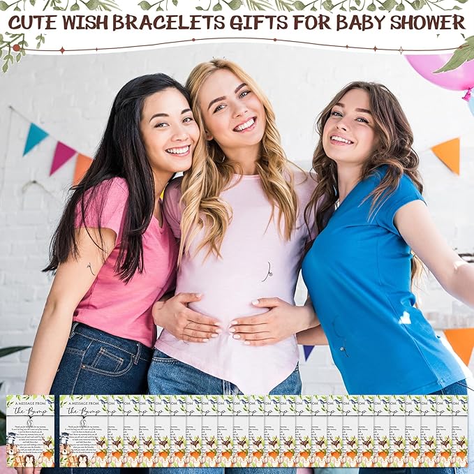 Thyle 50 Set Woodland Baby Shower Favors for Guests Adjustable Bracelets with Message from the Bump Card Footprints Charm Baby Shower Bracelets for Gender Reveal Thank You Gifts