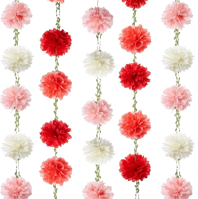 Sahoottie 2 Pcs Pink and Rose Hanging Paper Flower Garland, 8.2 FT Rose Ombre Tissue Paper Flower Garland, Rose Pink Gradient Pom Pom Garland for Wedding Backdrop Bridal Shower
