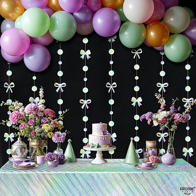 Katchon, Iridescent Bows Garland - Pack of 9 Strings, 5 Feet | Bow Garland, Bachelorette Party Decorations | Bridal Shower Backdrop, Bridal Shower Decorations | Wedding Decor for Bow Party Decorations