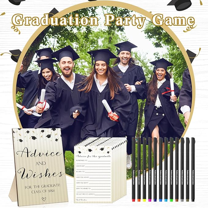 113 Pcs Class of 2026 Graduation Party Favors Include 1 Advice and Wishes Wooden Sign 100 Graduation Advice Cards with 12 Fineliner Ink Pens for The Graduate Class of 2026(Classic Color)