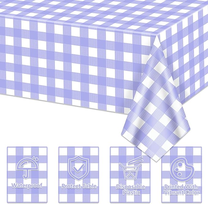 4 Pack Purple Gingham Tablecloths, Purple and White Checkered Tablecloths 86 x 51 Inches Gingham Tablecovers Rectangular Waterproof Picnic Table Covers for Birthday Party Supplies