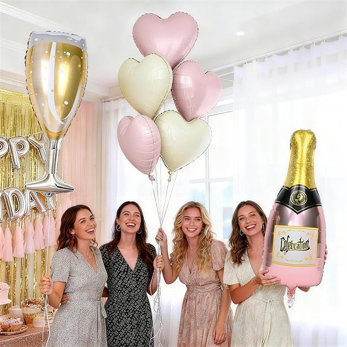 Champagne Balloons, Bachelorette Party Balloons with Champagne Bottle Glass Foil Mylar Balloon Pink Beige Heart Shaped Balloon for Engagement Birthday Bridal Shower Wedding Anniversary Decorations