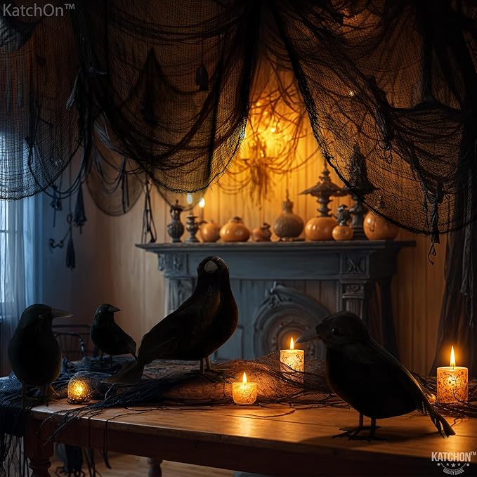 KatchOn, Halloween Creepy Cloth and Crows - Pack of 7 | 72x30 Inch, Black Spooky Cloth Realistic Black Feathered Crows | Scary Decor and Raven Decorations | Halloween Decorations Outdoor Indoor