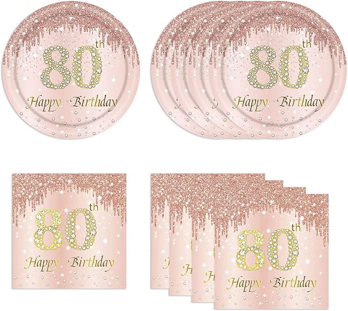 80th Rose Gold Birthday Plates and Napkins, 9 Inch Pink Rose Gold Disposable Dinner Dessert Plates Happy 80th Birthday Party Supplies Decorations for Girls Women