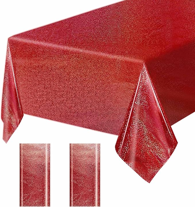 2 Pack Red Iridescent Plastic Tablecloth Disposable 54 × 108 Inch Glitter Holographic Foil Table Cloth Plastic Laser Rectangle Table Cover for Birthday Wedding Disco Party