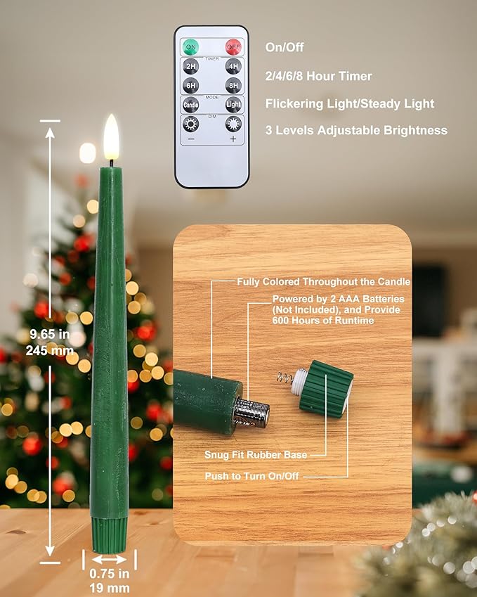 Green Flameless Taper Candles with Remote and Timer, 9.65 Inch Real Wax LED Candlesticks, Dripless Battery Operated Tall Candles with 3D Flickering Flame, 6 Pack