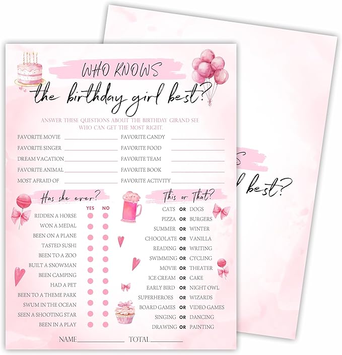 6"X8" Who Knows The Birthday Girl Best - Watercolor Birthday Elements - Funny Double-Sided 3-in-1 Game Card Set For Girls Birthday Party, Sleepover Party Activities, Favor & Supplies (20Pcs)- A09