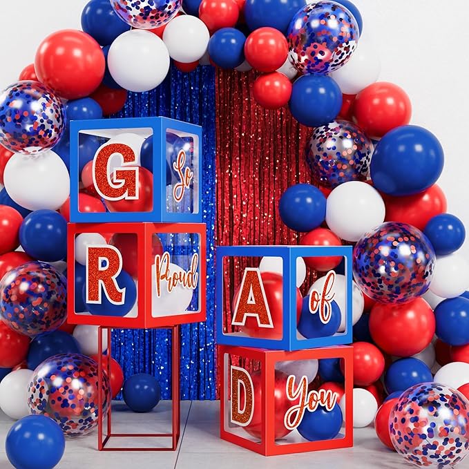 Graduation Party Decorations Class of 2026, 86PCS Red & Blue Graduation Party Supplies High School College Grad Balloon Boxes with Letters, Foil Curtains, LED String Light, Balloon Garland Kit