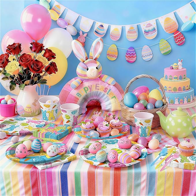 168PCS Easter Party Supplies Watercolor Bunny Carrot Pastel Design Party Decorations Easter Paper Plates Napkins Cups and Forks for Brunch Egg Hunt Spring Holiday Celebrations Serves 24