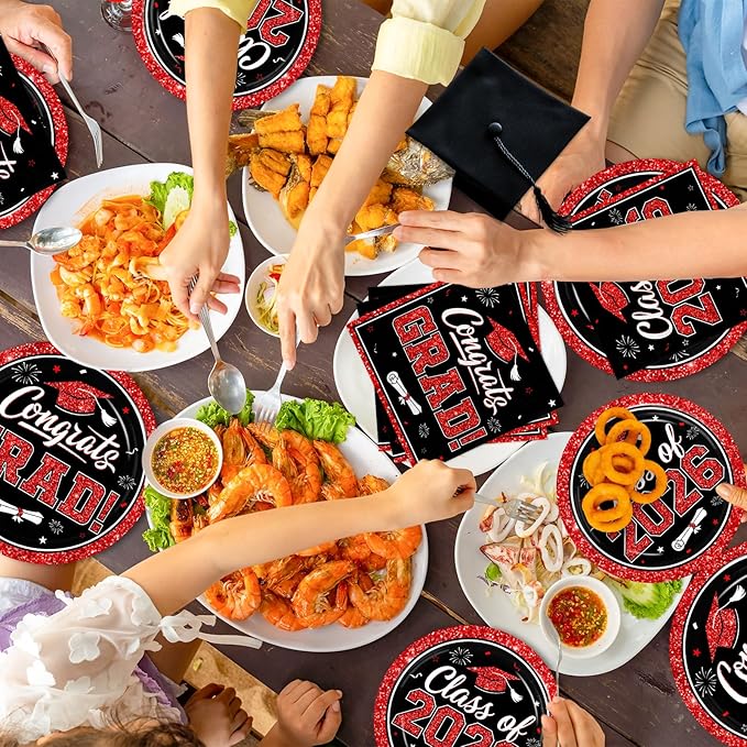 Graduation Decorations 2026 Graduation Party Plates and Napkins Set Black Red Class of 2026 Graduation Party Supplies for Congrats Grad Party Decor, Serve 50
