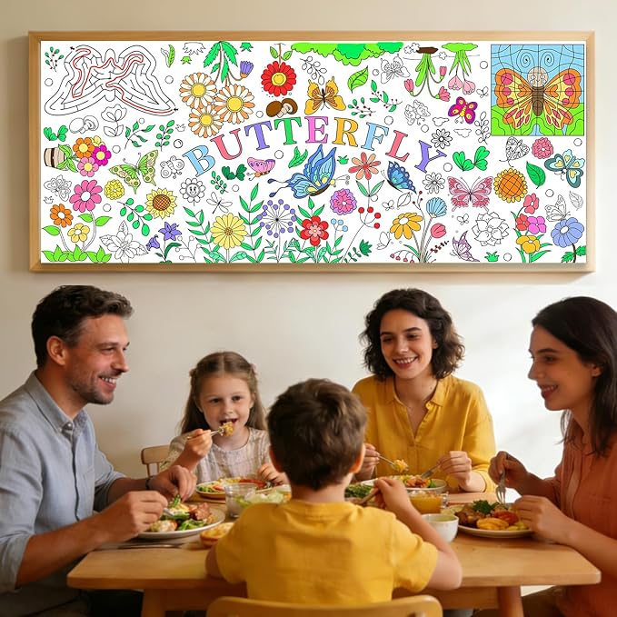 Spring Giant Coloring Poster for Kids 30x72 Inch Large Butterfly Fairy Party Flower Drawing Paper Coloring Tablecloth DIY Art Crafts Mat for Kids Birthday Themed Activity Wall Home Classroom Suppiles