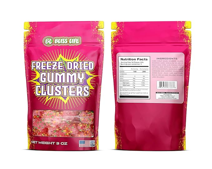 Bliss Life Freeze Dried Gummy Clusters Fruit Candy from TikTok, ASMR Crunchy Candy, Sweet and Sour Kids Snacks, Unique Novelty Snack for Kids 3OZ