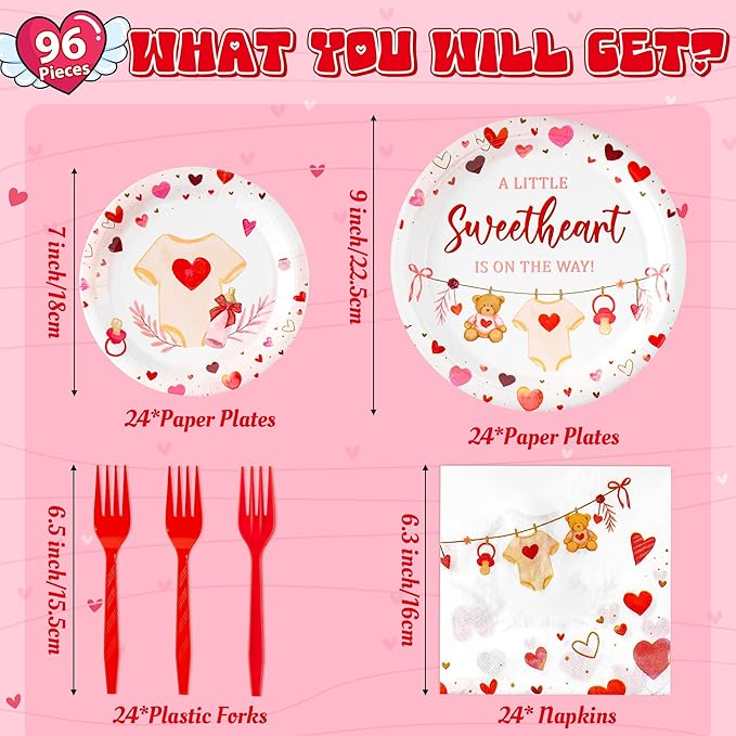 A Little Sweetheart Is On The Way Baby Shower Party Plates Supplies - Serves 24-96Pcs Bear Party Tableware Decoration Disposable Paper Plates Napkins Forks for Birthday