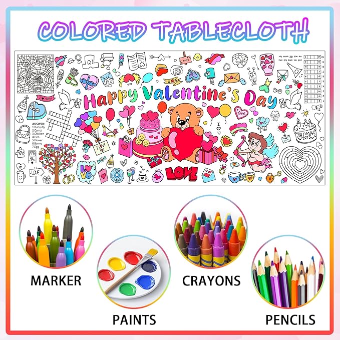 Valentine's Day Giant Coloring Poster,30x72 Inch Drawing Paper oloring Table Cloth,DIY Valentines Day Jumbo Activity Tablecloth Coloring Banner for Kids Art Home School Party Games Suppiles