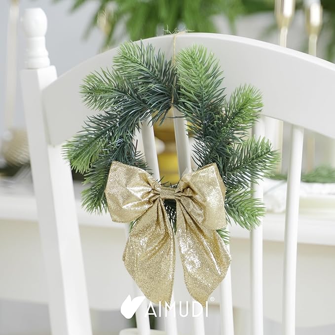 AIMUDI Champagne Glitter Wired Ribbon Bows with Twist Tie 5.5" Premade Metallic Christmas Bows for Gift Wrapping, Wreath, Garland, Holiday Crafts Party Home Outdoor Christmas Tree Decorations, 12 PCs