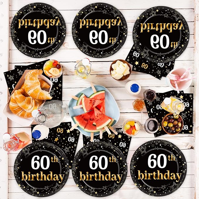 60th Birthday Party Supplies Serves 24 Black and Gold 60 Years Old Party Decorations Paper Plates Napkins Cheers to 60 Years Favors Tablecloth Set Vintage 1966 Tableware Kit for Men Birthday