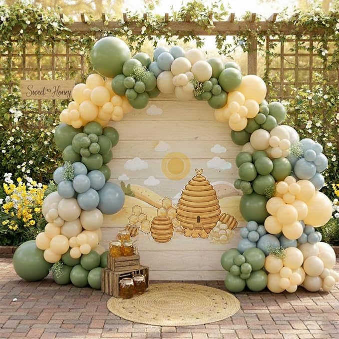 184Pcs Classic Winnie Balloon Garland Arch Kit - Classic Bear Theme Party Decorations with Blue Yellow Sage Green Sand White Balloons for Baby Shower Girl Boy Birthday Party Decorations