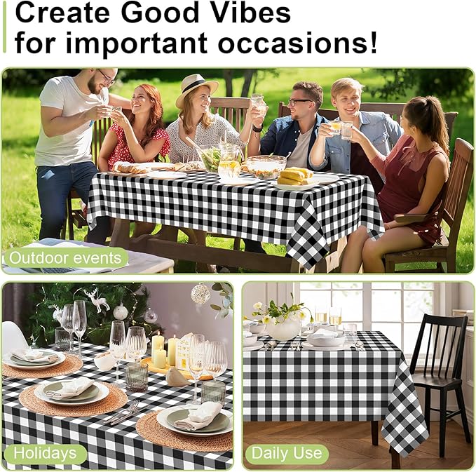 QIKSION Black Gingham Tablecloth Disposable 2 Pack, 54 x 108 Inch Black and White Checkered Table Cloth for Picnic, Outdoor BBQ Decorations, Birthday Party Supplies, Rectangle, Plastic Table Cover