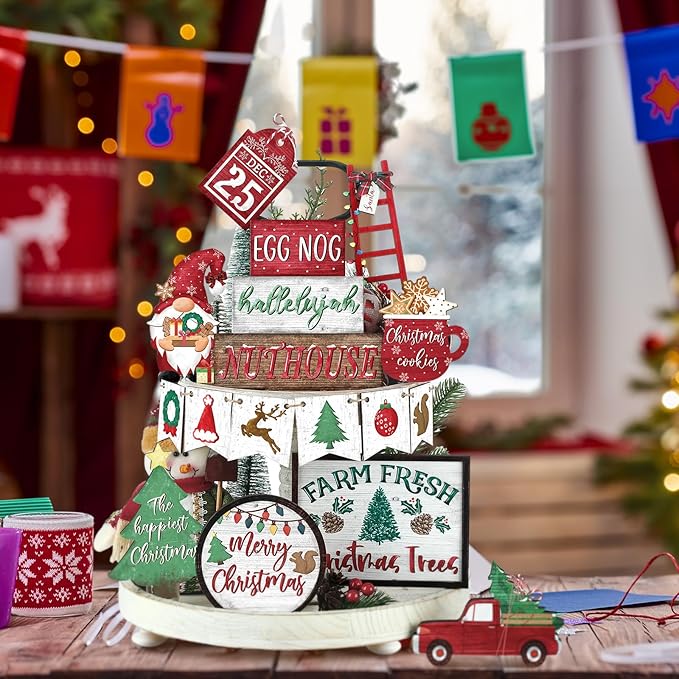 Christmas Tiered Tray Decor Set Christmas Wooden Sign Decor Rustic Farmhouse Gnome Snowflakes Table Sign for Bedroom Desk Office Party Supplies