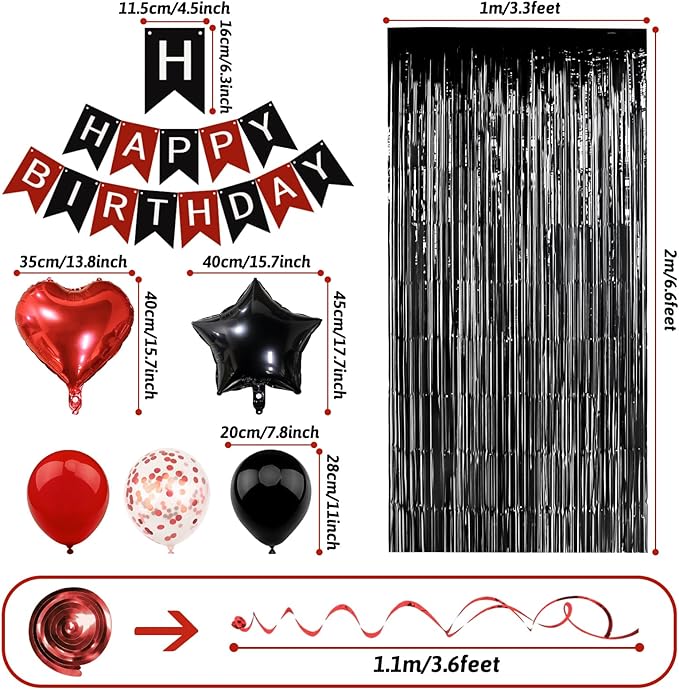 Red and Black Birthday Decorations, Happy Birthday Banner, Confetti Balloons, Fringe Curtain, Heart Star Foil Balloons, Hanging Swirls for Women Girls Princess Party Decorations