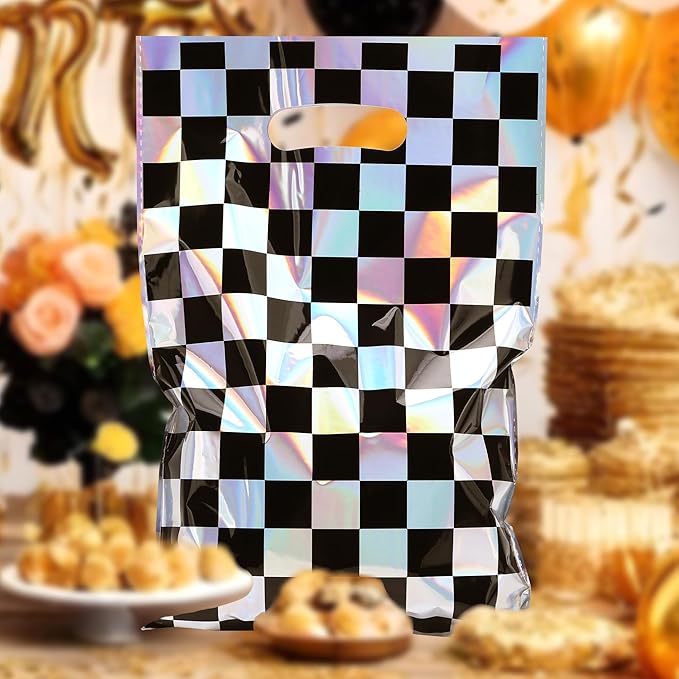 Mikzhskr 30Pcs Race Car Party Favors Bag Black and White Iridescent Laser Checkered Candy Bags Soccer Theme Goodie Bags with Handles for Kids Race Car Birthday Party Supplies