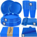 Blue Plastic Plates for Party,100 Guest Disposable Plastic Plate Set 9" Plates,7" Dessert Plates,Napkins,Cups,Forks & Tablecloth for Birthday,Graduation,Picnic,Summer Activities