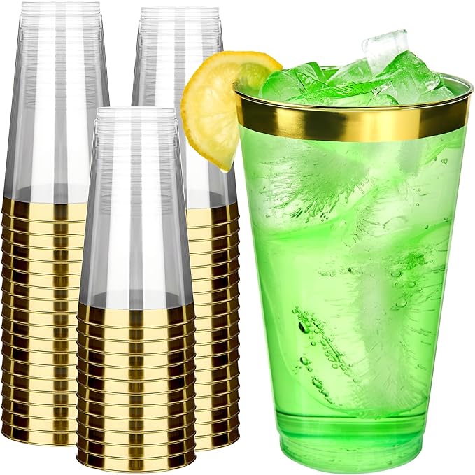 RACETOP 16 oz 100 Pack Disposable Plastic Cups with Gold Rim, Disposable Gold Rim Plastic Cups for Parties, Weddings, Gatherings, and Festival Events