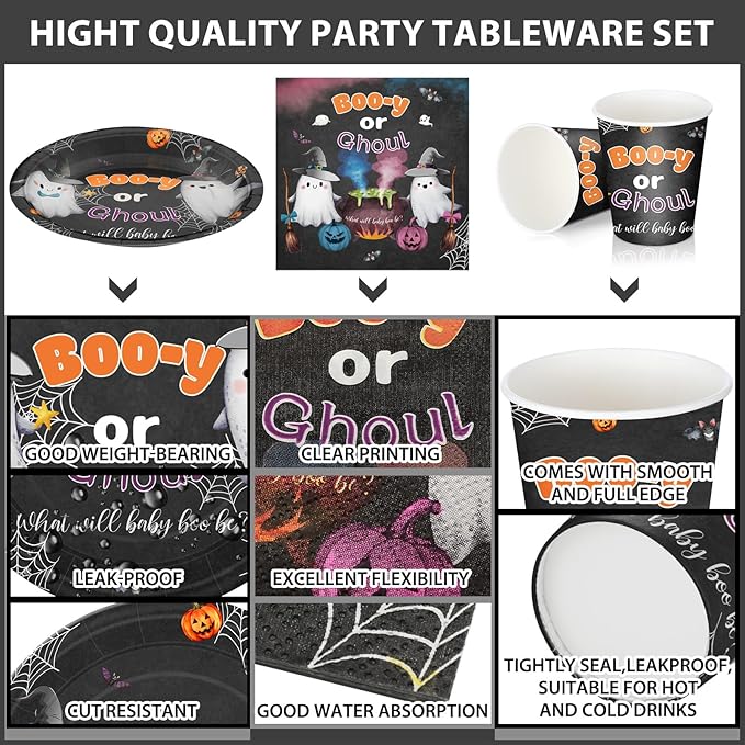 Hushee 200 Pcs Halloween Baby Shower Paper Plates Cups Napkins Party Supplies Halloween Booy or Ghoul Gender Reveal Party Decoration Disposable Tableware Set