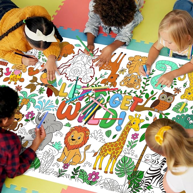 Safari Jungle Party Coloring Poster, 31.5x72" - Ideal as Safari Birthday Decorations, Kids' Coloring Table Cloth, Jungle Tablecloth for School Party & Special Events