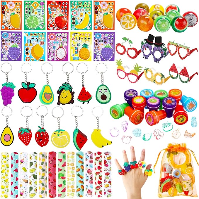 Blosssound 96 Pcs Fruit Party Favors Summer Theme Birthday Gifts Set Make a Fruit Sticker Stress Ball Slap Bracelet Glass Ring Keychain Stamper Gift Bag Piñata Fillers Classroom Prizes