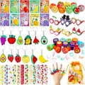 Blosssound 96 Pcs Fruit Party Favors Summer Theme Birthday Gifts Set Make a Fruit Sticker Stress Ball Slap Bracelet Glass Ring Keychain Stamper Gift Bag Piñata Fillers Classroom Prizes