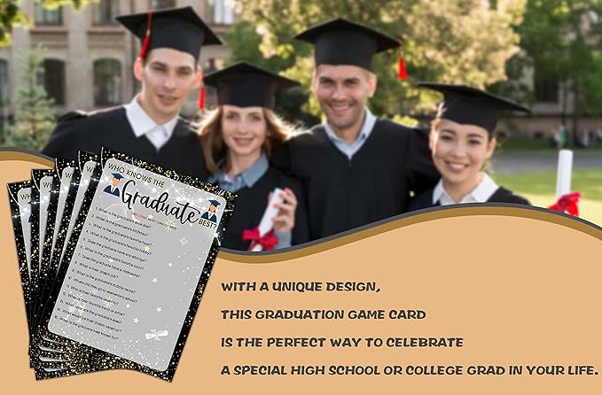 Graduation Party Games - Who Knows The Graduate Best Cards - Graduation Party Decorations 2024 - Gold & Black Grad Celebrations Party Supplies for High School/College - 30 Game Cards(H01)