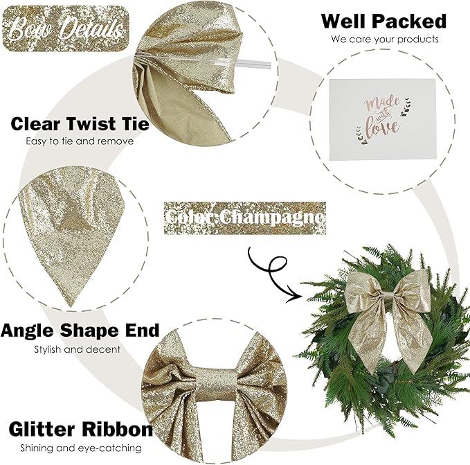 AIMUDI Champagne Glitter Wired Ribbon Bows with Twist Tie 5.5" Premade Metallic Christmas Bows for Gift Wrapping, Wreath, Garland, Holiday Crafts Party Home Outdoor Christmas Tree Decorations, 12 PCs