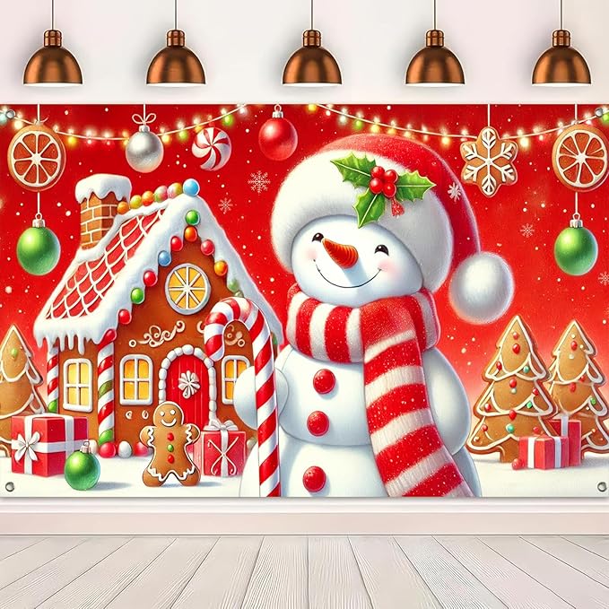Christmas Snowman Gingerbread House Banner 70.9 x 43.3 Inch Red Holiday Backdrop with Candy Canes and Presents for Kids Xmas Party Decoration Indoor Outdoor