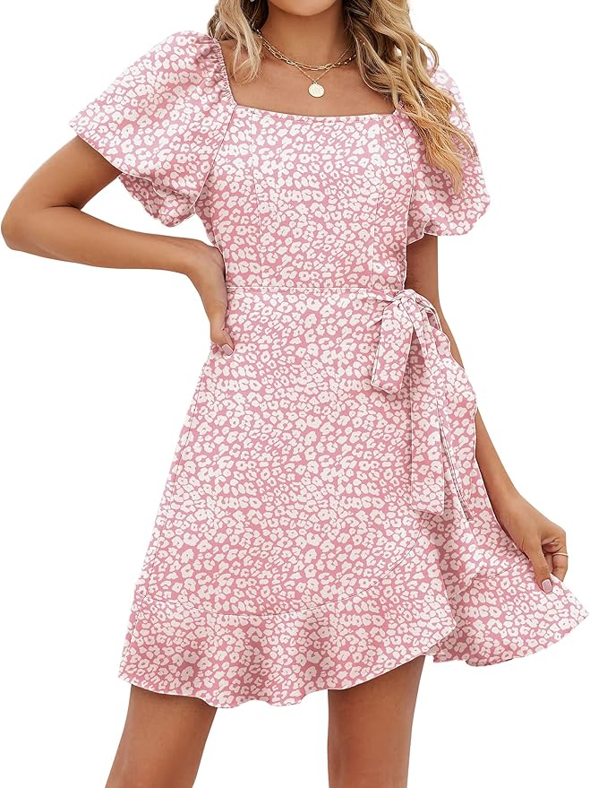 Sampeel Womens Summer Dresses Square Neck Puff Sleeve Tie Waist Short Dress