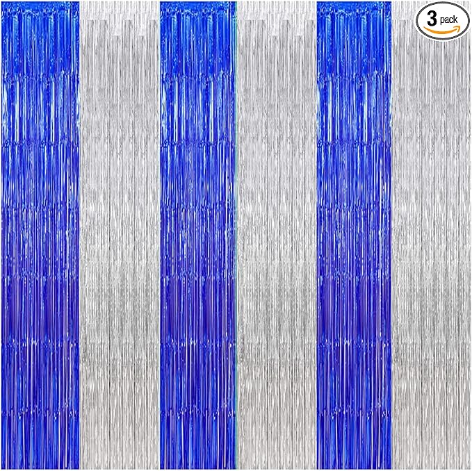 Graduation Backdrop Curtain 2026, Blue Silver Party Decorations Metallic Tinsel Foil Fringe Curtains Photo Booth Streamer Background for Birthday Wedding Party Christmas Decor(3 Pack)