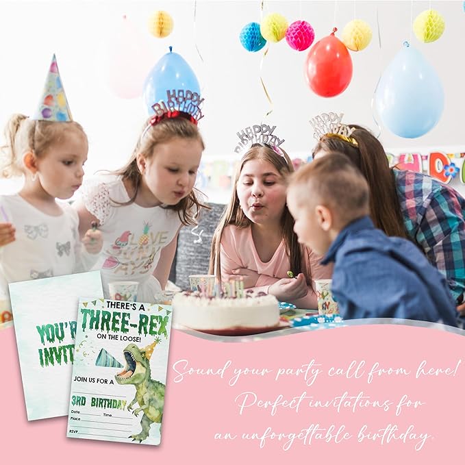 3RD Birthday Party Invitations- There's A Three-Rex On The Loose - 20-Pack of 4''x6'' Invite Cards with Envelopes, Double-Sided Fill In Birthday Party Celebrate Supplies & Decoration For Boys - A06