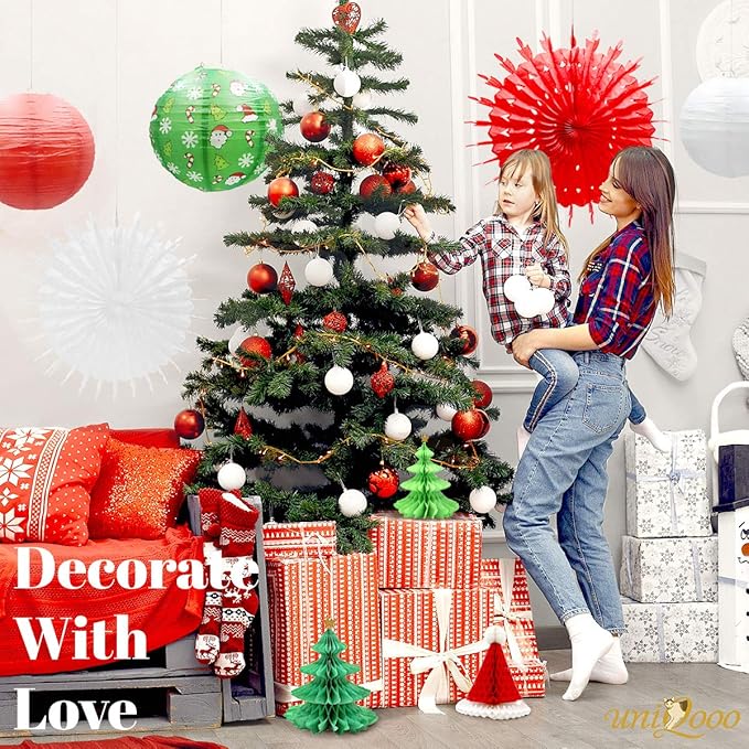 UNIQOOO 14PCS Assorted 3D Christmas Honeycomb Paper Lantern Decoration Garland Set,Celling Hanging Tissue Pine Tree Star, Santa Hat,Snowflake Fan,Japanese Lanterns for Holiday XMAS Party Banner Supply