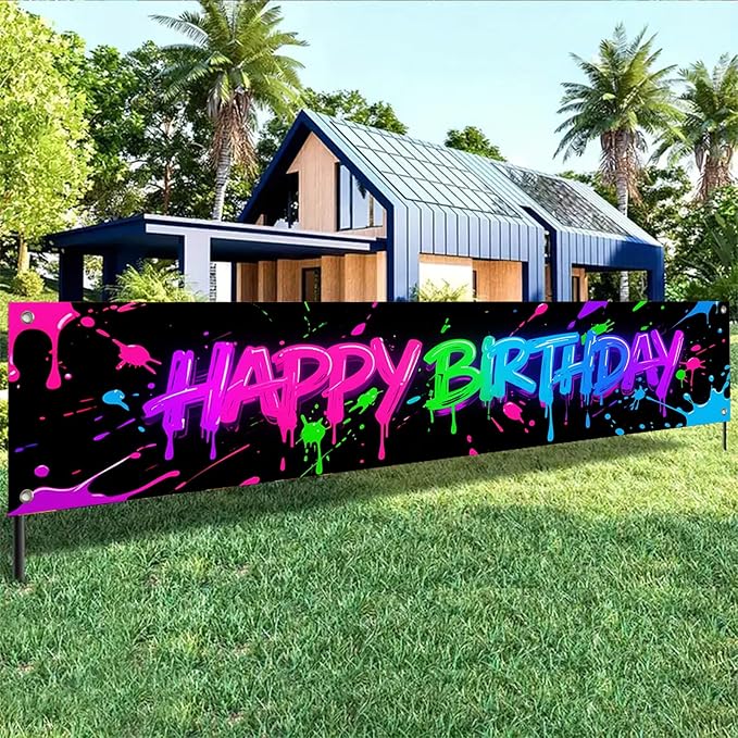 Happy Birthday Banner Colorful Graffiti Backdrop Banner 118 x 20 inchs Birthday Party Decorations Supplies for Boys and Girls Baby Shower Indoor Outdoor Party Decorations
