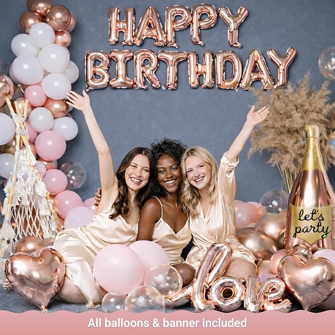 VIDAL CRAFTS 71-Piece Rose Gold Birthday Decorations for Women - Party Backdrop with Latex, Foil & Confetti Balloons, Happy Birthday Decorations Banner & Rose Gold Foil Fringe Curtains