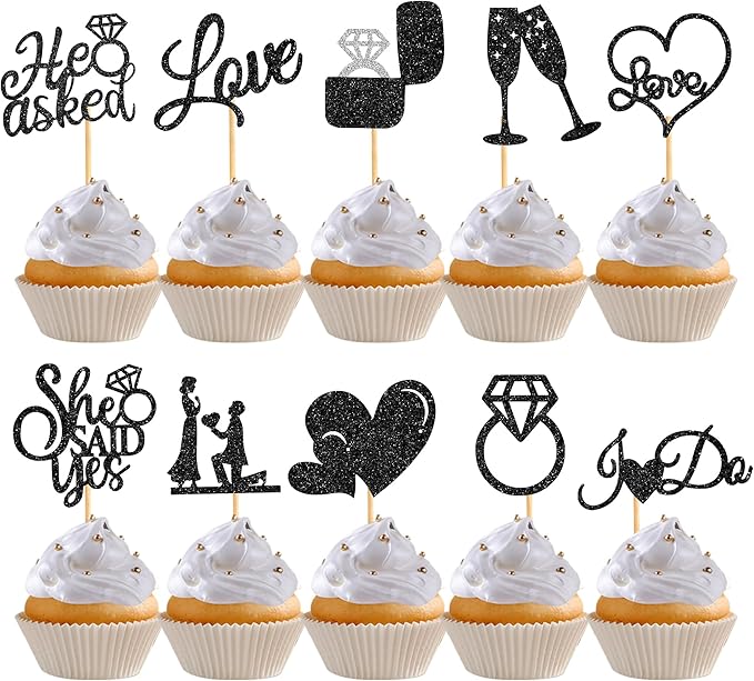 60 Pcs He Asked She Said Yes Cupcake Toppers,Engagement Cupcake Toppers Glitter Diamond Ring Heart Love I Do Cupcake Picks for Engagement Wedding Party Cake Decorations,Black