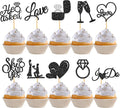 60 Pcs He Asked She Said Yes Cupcake Toppers,Engagement Cupcake Toppers Glitter Diamond Ring Heart Love I Do Cupcake Picks for Engagement Wedding Party Cake Decorations,Black