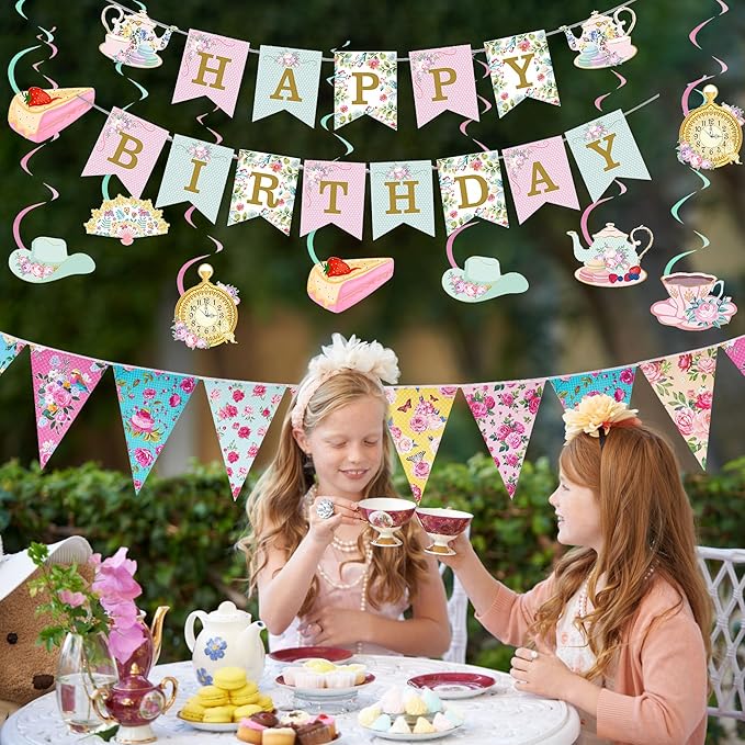 Tea Party Decorations Birthday Banner - Floral Decor Happy Birthday Banners Bunting Teapot Hanging Swirl, Flower Wonderland Theme Decoration for Women Girls Baby Shower Party Supplies