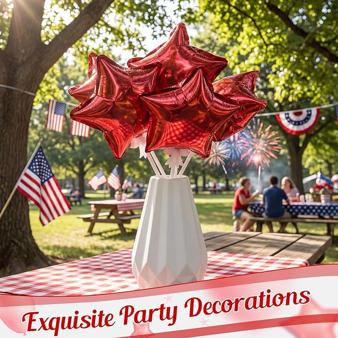 30 Pcs Star Self Inflatable Balloons with Bow Stems Star Foil Balloons Mini Pentagram Decoration for Patriotic Independence Day Graduation Birthday Baby Shower Anniversary(Red,6 Inches)