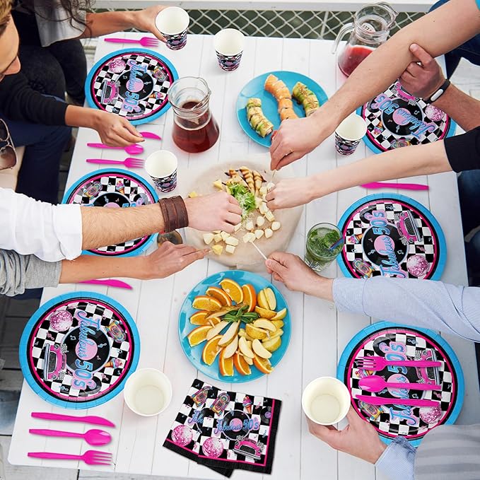 Yungyan 252 Pcs 50s Party Supplies Fabulous 1950s Plates and Napkins Disposable Back to the 50s Napkin Plate Cup 1950s Rock Music Record Decorations Retro Sock Hop Tableware Serves 36 Guests