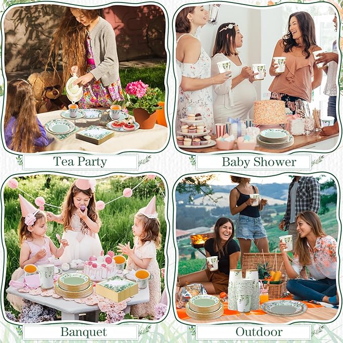 Pickmesh 250 Pcs Sage Party Disposable Tableware Set Paper Plates and Napkins Cups Supplies Tea Party Theme Dinner Dinnerware for Birthday Bridal Baby Shower Wedding Decoration Serves 50