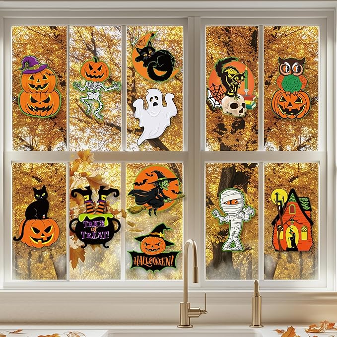 Large Vintage Halloween Decorations Cardboard Cutout Set of 12, Retro Spooky Ghost Cutouts Wall Decor Indoor Outdoor, Vintage Orange Green Black Paper Cut Outs Party Decoration (Large, Halloween)