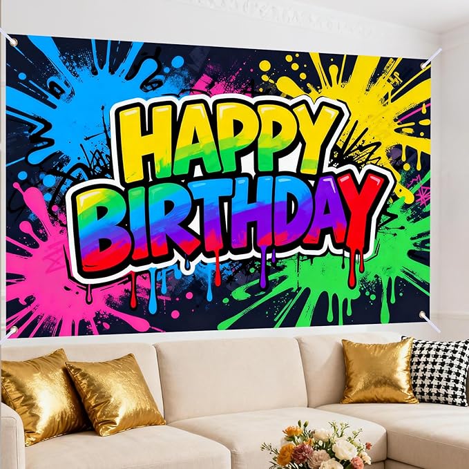 Rainbow Graffiti Splatter Happy Birthday Banner, Large Art Backdrop for Teen Party Indoor Outdoor Decor